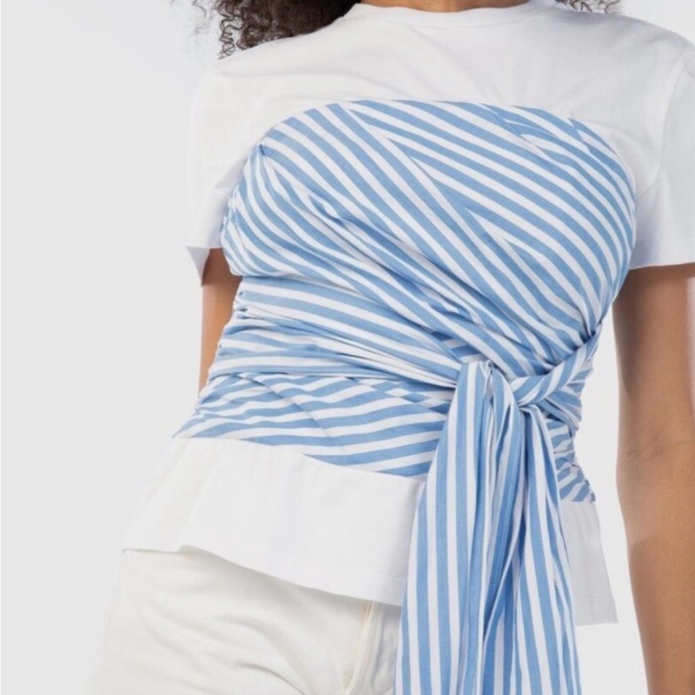 Tanya Taylor Blue and White Striped Short Sleeve Top
